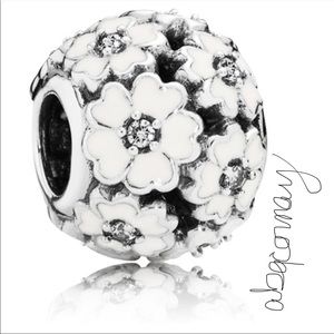 EUC Pandora 791488EN12 Silver Primrose Meadow Openworks Charm w/ White Enamel